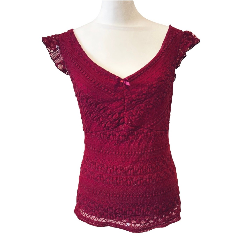 Vintage Y2K Wrapper Babydoll Top Size M Burgundy Lace V-Neck Bow Whimsigoth Boho